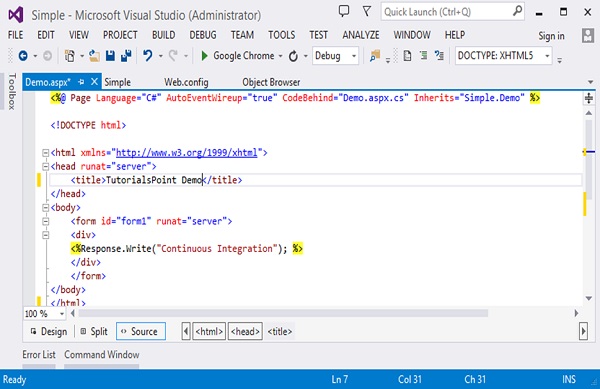 Visual Studio 中的 Demo.Aspx 页面