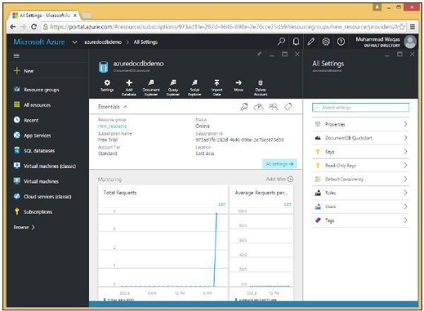 单击创建的 DocumentDB