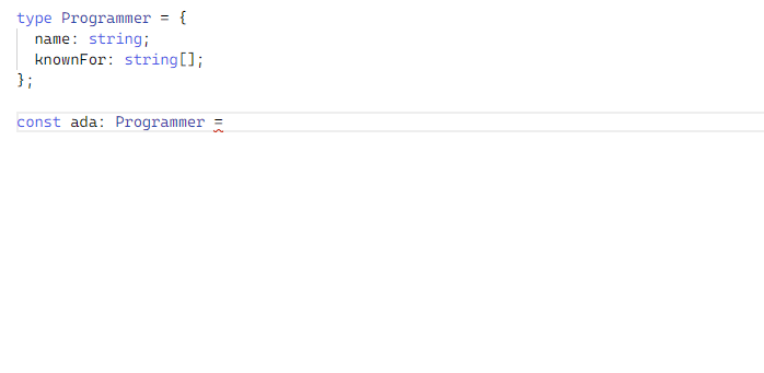 显示将“name”和“knownFor”键添加到“Programmer”类型的新实例的建议的动画