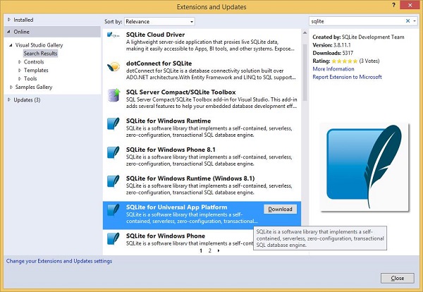 UWP SQLite 扩展和更新